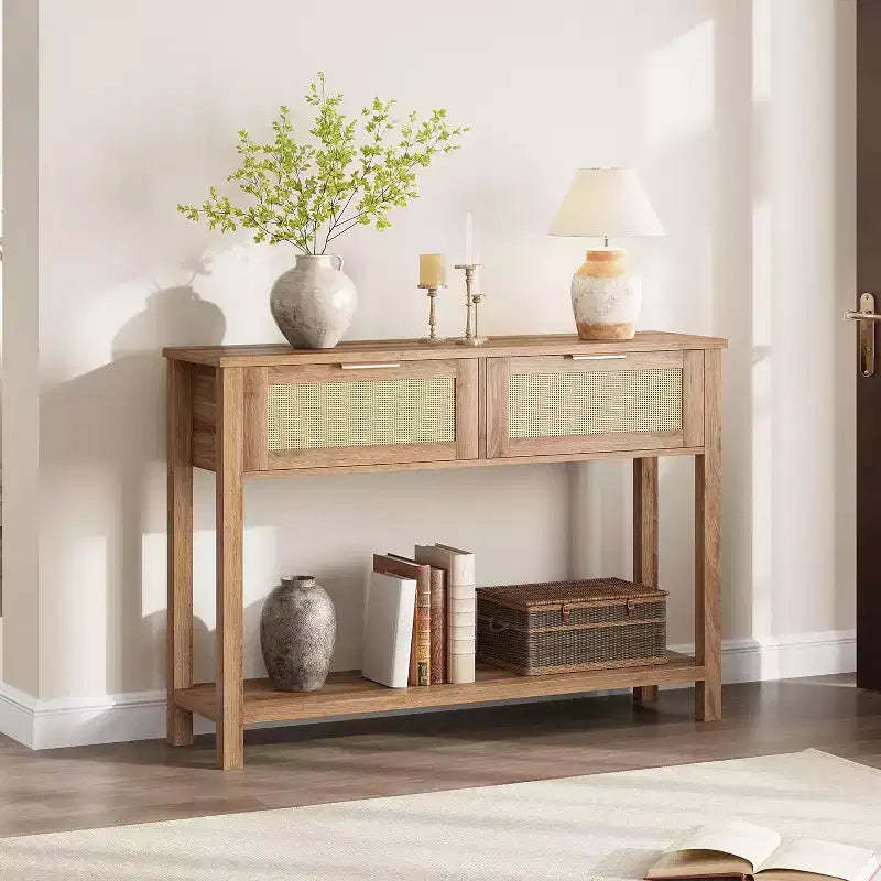 Rattan Entryway Table with Drawers, Boho Console Table for Entryway, Wooden Sofa Table with Storage, 2 Tier Console Table for Living Rooms, Hallway