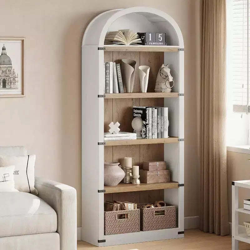 72 Farmhouse Arched Bookcase with Cabinet & Shelves - 5-Cube Storage for Living Room, Office