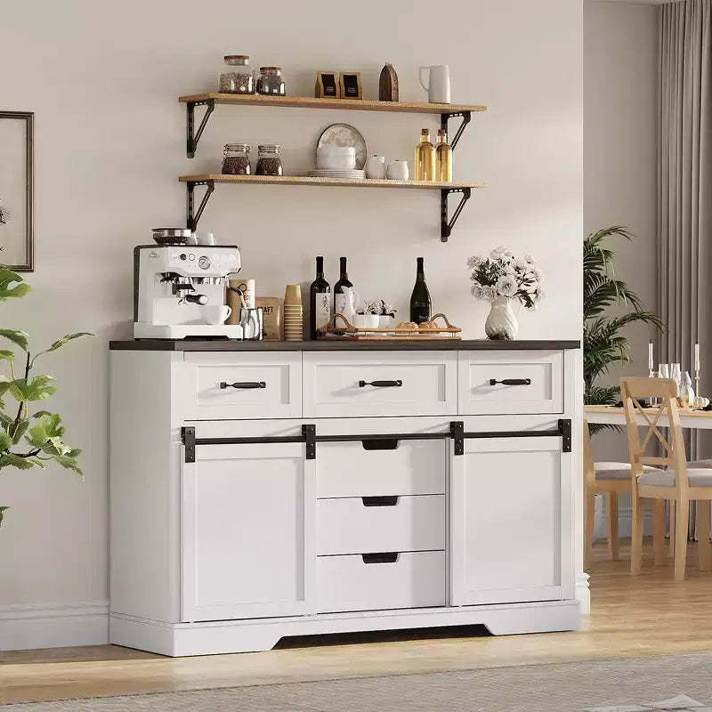 Wooden Storage Cabinet for Bedroom with 6 Drawers Sliding Barn Door White