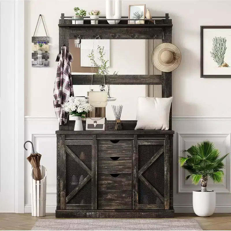 Hall Tree With Shoe Cubbies & 7 Coat Hooks,and 3 Drawers for Hallway,Mudroom Bench With Shoe Storage Bench,Entryway Furniture,Dark Oak