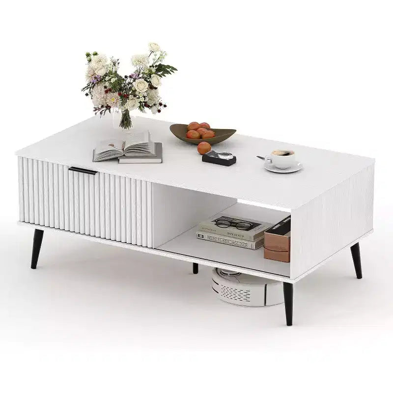 Farmhouse Coffee Table, Storage Center Table with Fluted Sliding Door & Wooden Tabletop, Rectangle Dining Table for Living Room Apartment