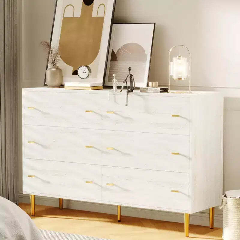 GustoWave Farmhouse 6 Drawers Dresser for Bedroom, 47.2 Wide White Dresser Wood Rustic Chest of Drawers, Natural Texture,Drawer Organizer