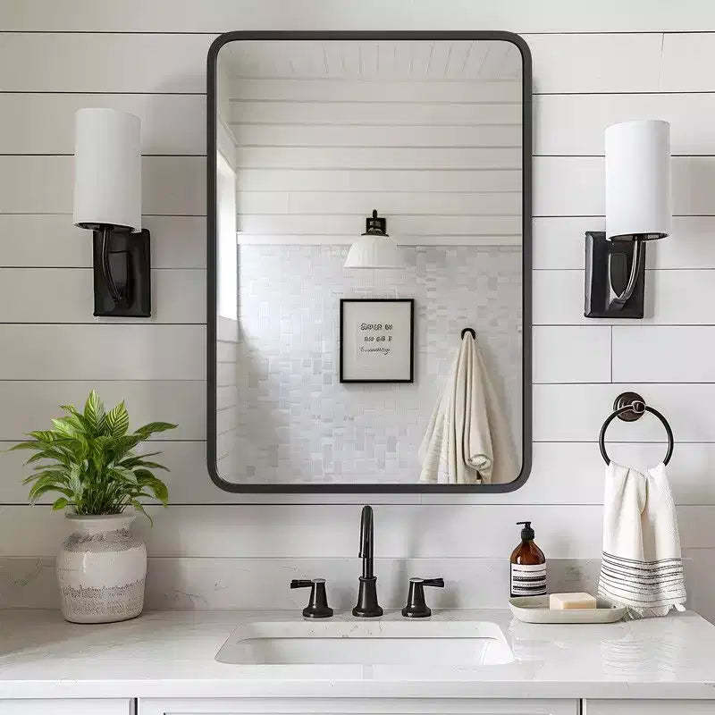 PexFix 28 x 20 Bathroom Cabinet with Mirror Stainless Steel Frame and 2 Adjustable Shelves Wall Medicine Cabinets Mirrors Rectangle Recessed Black