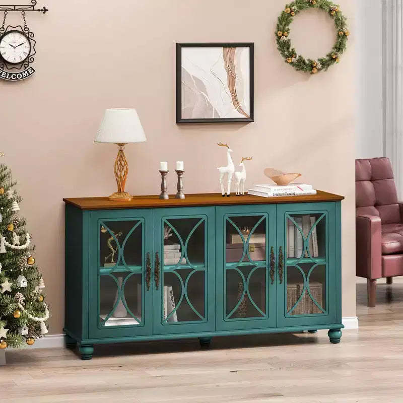 Okak Antique Style 4-Door Sideboard Buffet Cabinet, Wooden Storage Cabinet with Tempered Glass Door for Kitchen Dining/Living Room Hallway