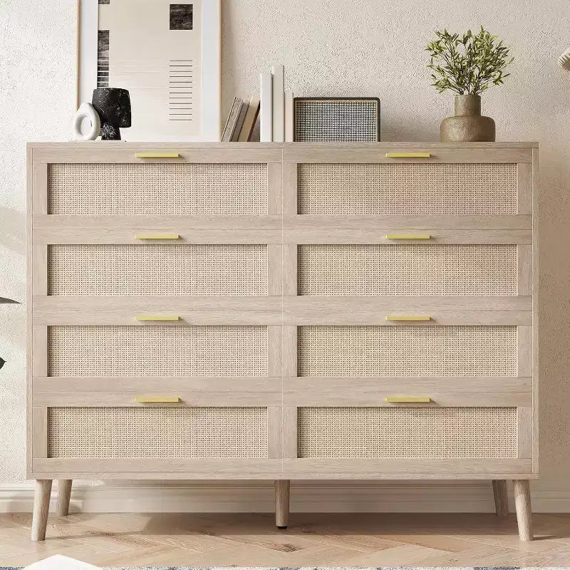 8-Drawer Rattan Dresser - Farmhouse Storage Chest with Golden Handles for Bedroom & Living Room