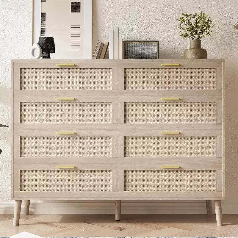 8-Drawer Rattan Dresser - Farmhouse Storage Chest with Golden Handles for Bedroom & Living Room