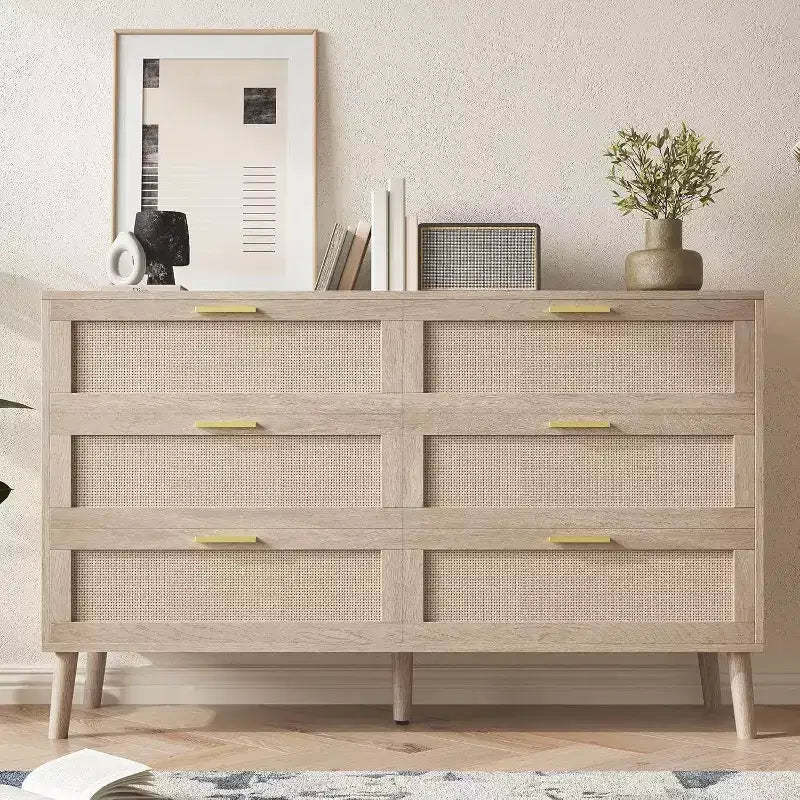 47 Rattan 6-Drawer Dresser - Mid Century Modern Storage Chest for Bedroom & Living Room