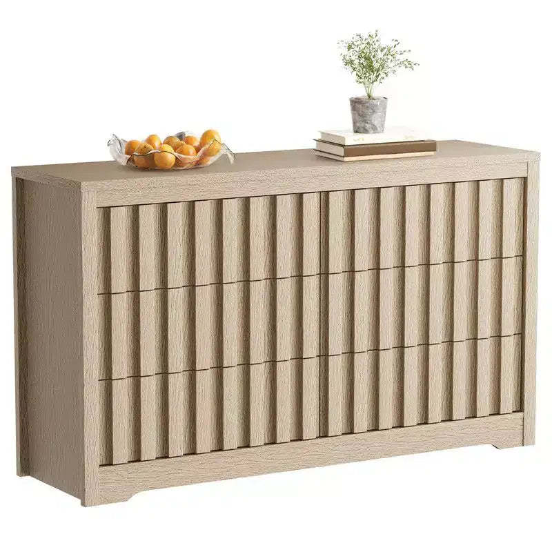Fluted Dresser for Bedroom with 6 Drawers, 54 Wide Modern Chest of Drawers with Curved Profile, Natural Oak Drawer Organizer