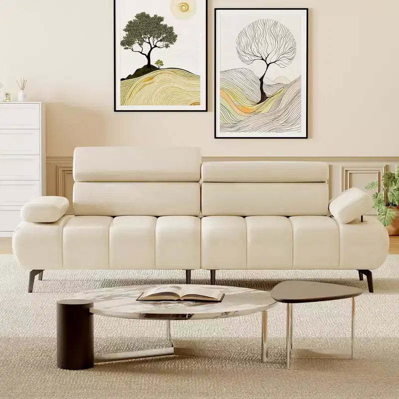 GustoWave 3 Seater Sofa Couch, 6-Level Adjustable Armrests and Headrest, Morden PU Leather Sofas with Two Independent Sofas, Beige