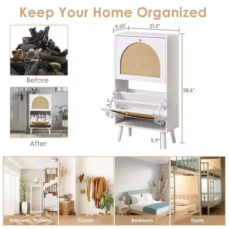 Karl Home 2 Flip Drawers White Particle Board 21.26in. W Shoe Cabinets