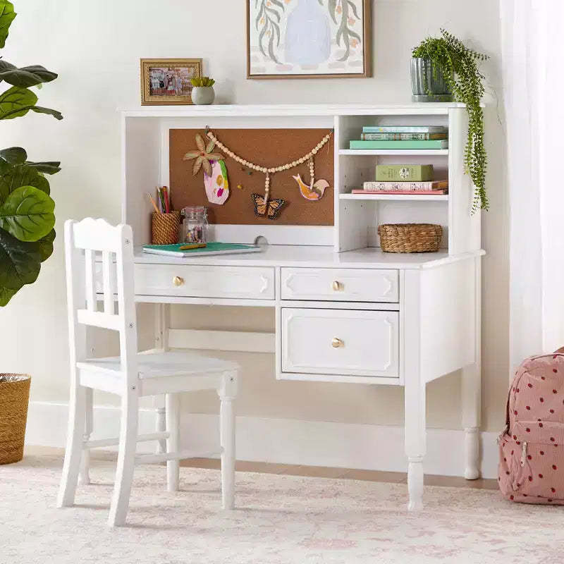 Guidecraft Avery Kids' Desk, Hutch and Chair Set - White: Children's Wooden Computer Desk w/ Storage Shelves & Drawers, Study Table & Chair for Girls
