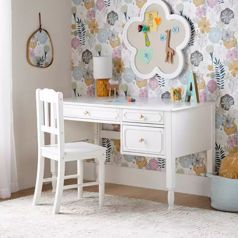 Guidecraft Avery Kids' Desk and Chair Set - White: Girls Wooden Study Desk with Storage Drawers, Computer Workstation for Children