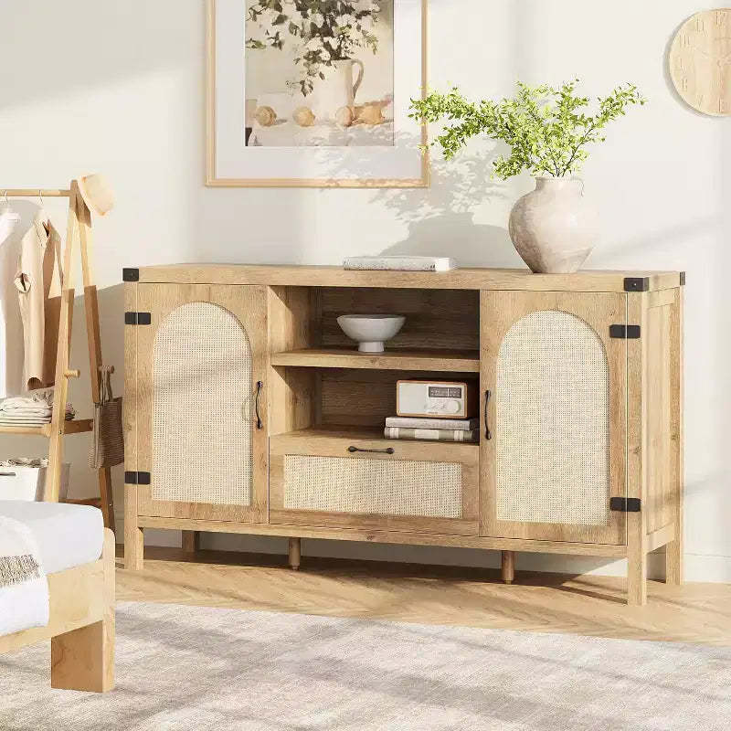 47.2'' Rattan Buffet Cabinet, Kitchen Coffee Bar Cabinet w/Doors and Drawer, Boho Sideboard with Adjustable Shelves & Handle for Living Room
