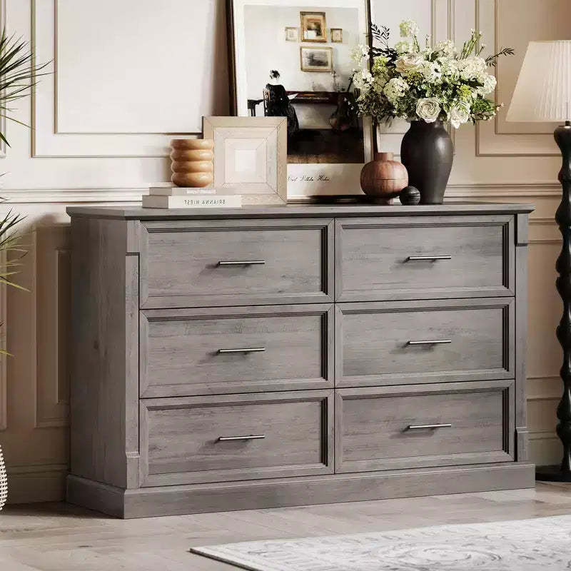 GustoWave 6 Drawer Dresser for Bedroom, Farmhouse 47.2 Wide Chest of Drawers, Rustic Double Wood Dresser, Storage Dressers Organizer for Living Room
