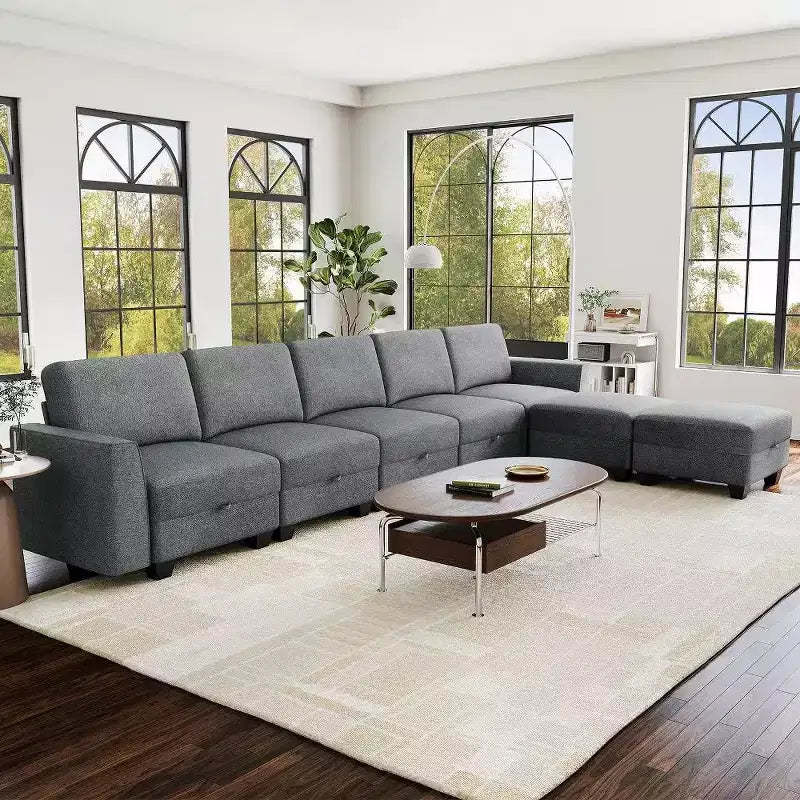 140 Modular Sectional Sofa with Storage Ottomans, U Shaped Convertible Sleeper Sofa, 7-Seat Modern Corduroy L Shaped Couch(Gray-Linen)