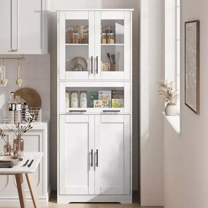 67 Tall Bathroom Cabinet, Freestanding Storage Cabinet with Glass Doors and Adjustable Shelves and Drawers,