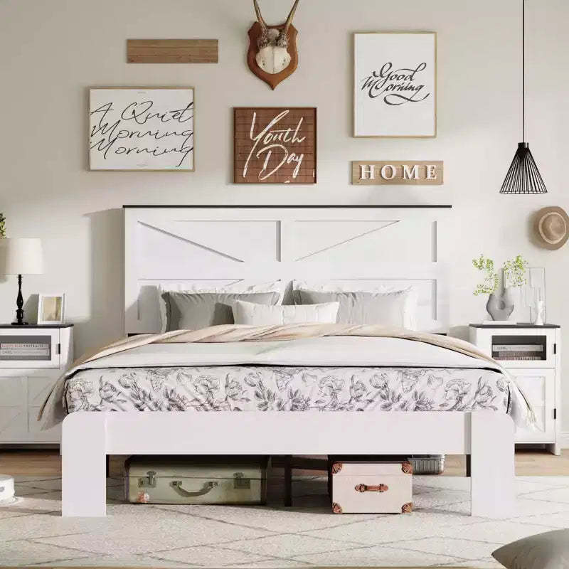 Full Size Wood Platform Bed Frame with Headboard, Noise-Free Design, No Box Spring Needed, Large Under-Bed Storage, Easy Assembly, White