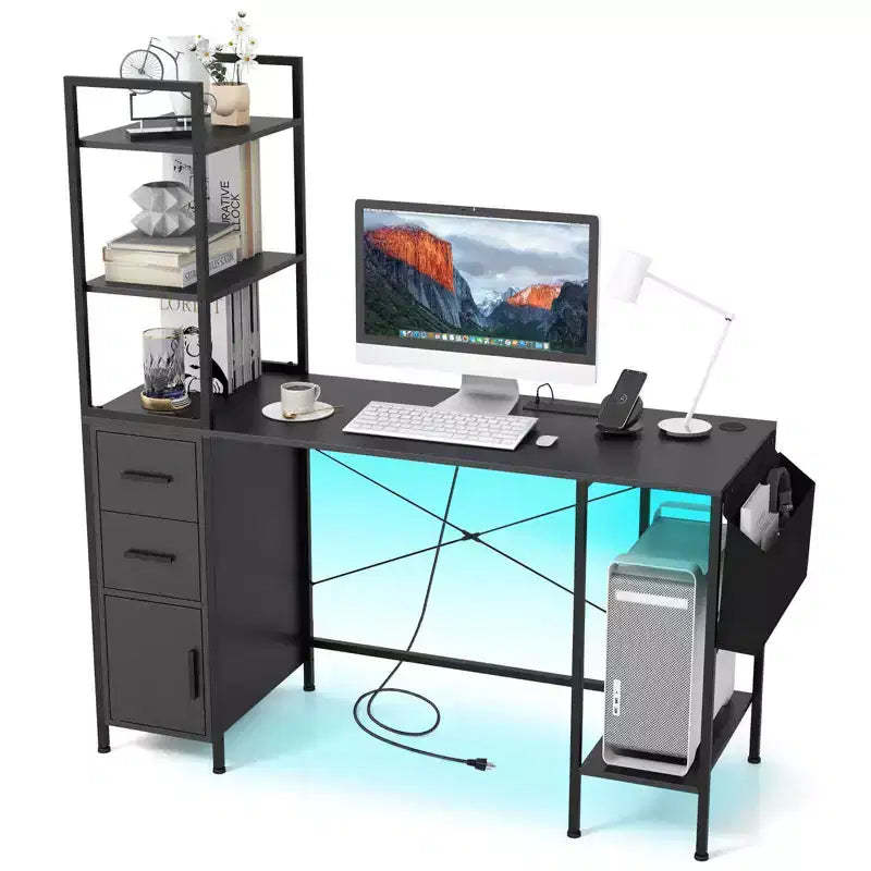 Costway Office Desk with LED Lights & Power Outlets Open Shelves 2 Drawers Cabinet