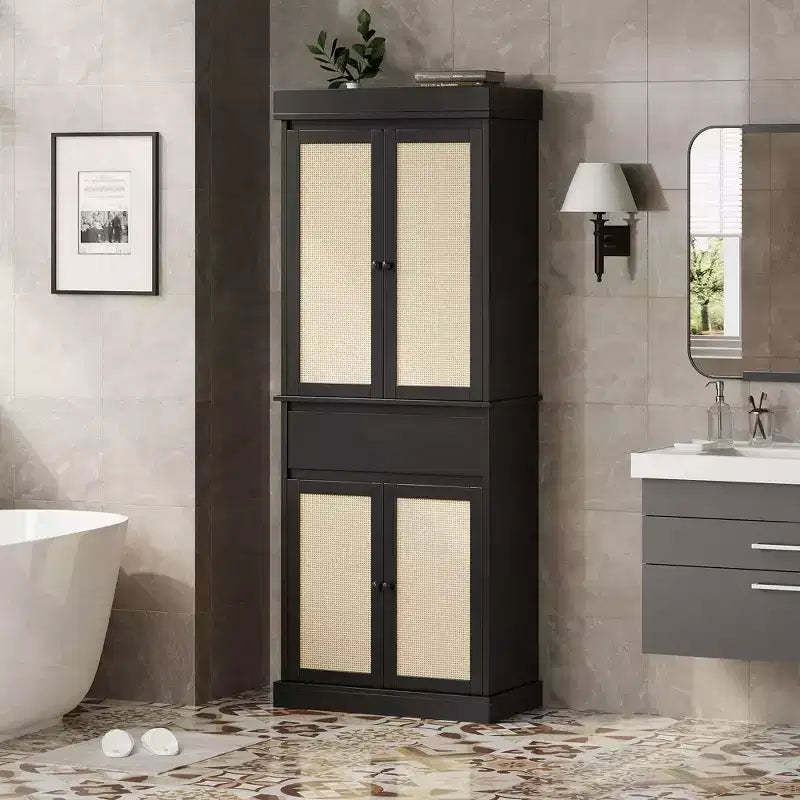 GustoWave Bathroom Pantry Cabinet, Tall Storage Cabinet with Rattan Doors and Adjustable Shelves, Freestanding Cupboard with Drawer for Kitchen, Black