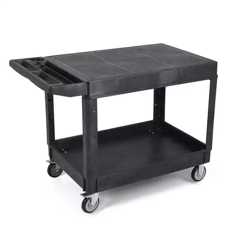 Service Cart - Large Heavy-Duty Plastic Flat Top (45.8 x 25 Inch), 2-Tier with 360 Swivel Wheels (2 with Brakes), 550 lbs Capacity, Black