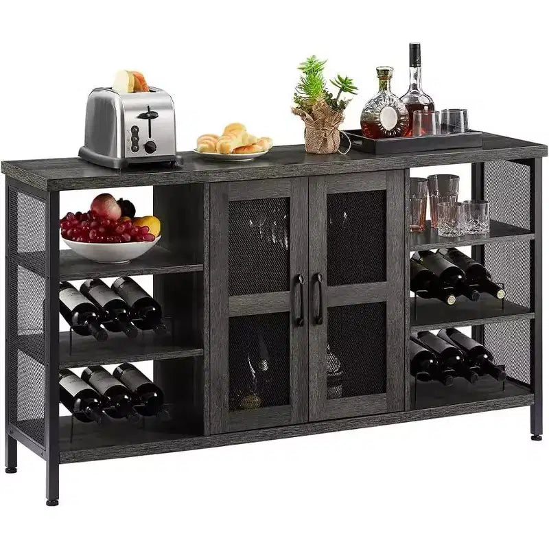 Acekool Industrial Wine Bar Cabinet with Glass Rack, Multi-Functional Liquor & Coffee Storage Sideboard for Dining & Living Room