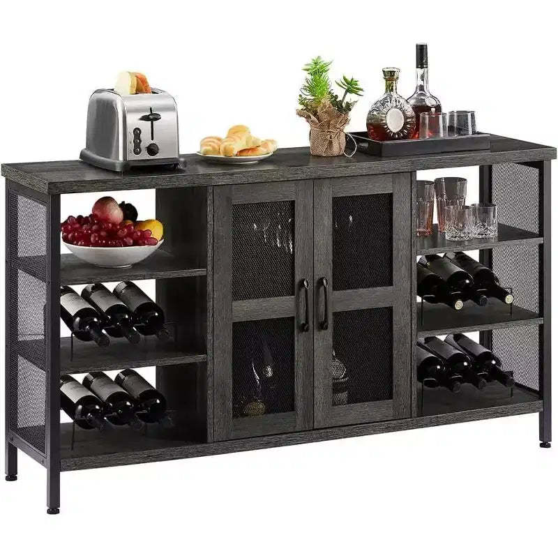 Acekool Industrial Wine Bar Cabinet with Glass Rack, Multi-Functional Liquor & Coffee Storage Sideboard for Dining & Living Room