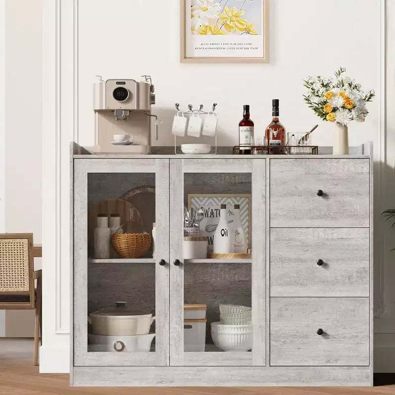 Gray 43 Buffet Sideboard Cabinet & Storage Dresser with Guardrail Design, Adjustable Shelves and 3 Drawers for Kitchen, Dining & Living Room
