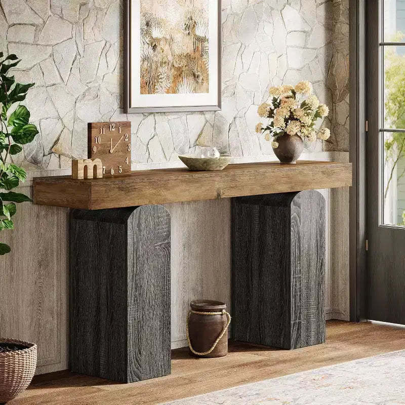 Lantine 63 Entryway Table, Wood Console Table with 2 Arched Pedestal Legs, Sofa Table Behind Couch for Hallway, Living Room
