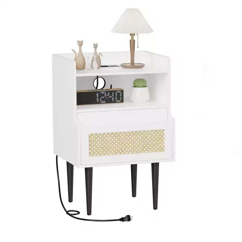 Rattan Nightstand Set of 2, White Bedside Table, Farmhouse End Table with Drawer and Open Storage Shelf, Modern Side Table for Bedroom, Living Room