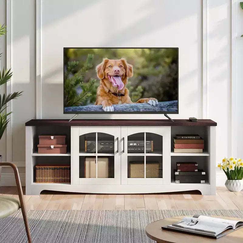 EROMMY 58 Wood TV Stand With Glass Doors & Adjustable Shelves
