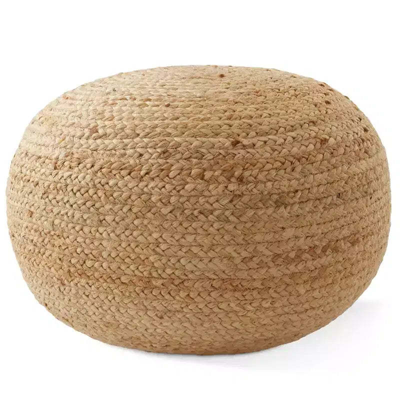 Hand-Braided Jute Pouf Ottoman, 19 Round x 10-1/2 High Footrest, Natural Woven Footstool, Boho Farmhouse Decor for Living Room, Bedroom