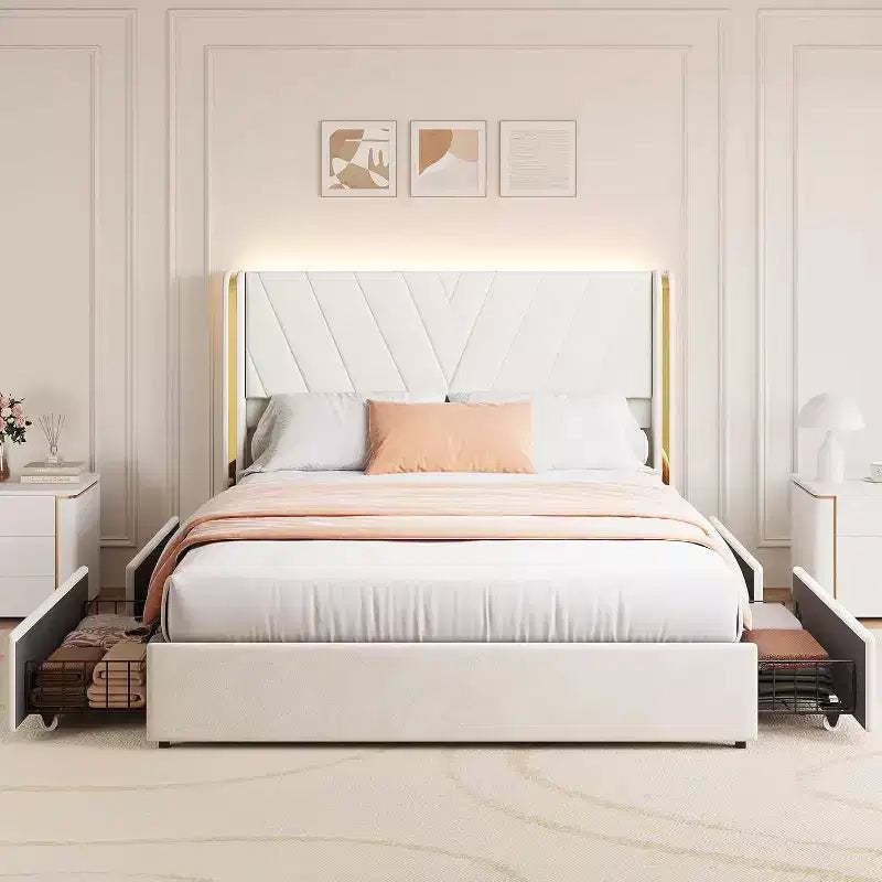 Acekool Queen Bed - LED Lights & Storage Drawers