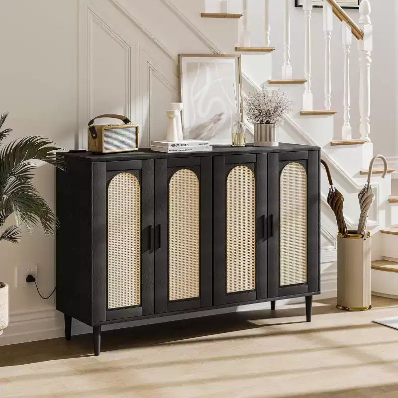 47.4 Rattan Sideboard Buffet Cabinet, Wooden Side board Accent Buffet With Power Outlet, Wood Sideboard With 4 Doors