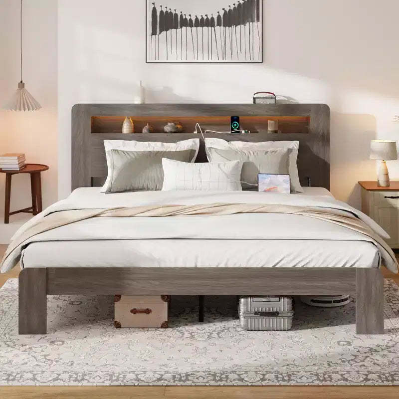 Full/Queen King Size Bed Frame, Wood Platform with LED Light Headboard and 2 USB ,Noise Free,No Box Spring Needed,Large Under Bed Storage,Dark Grey