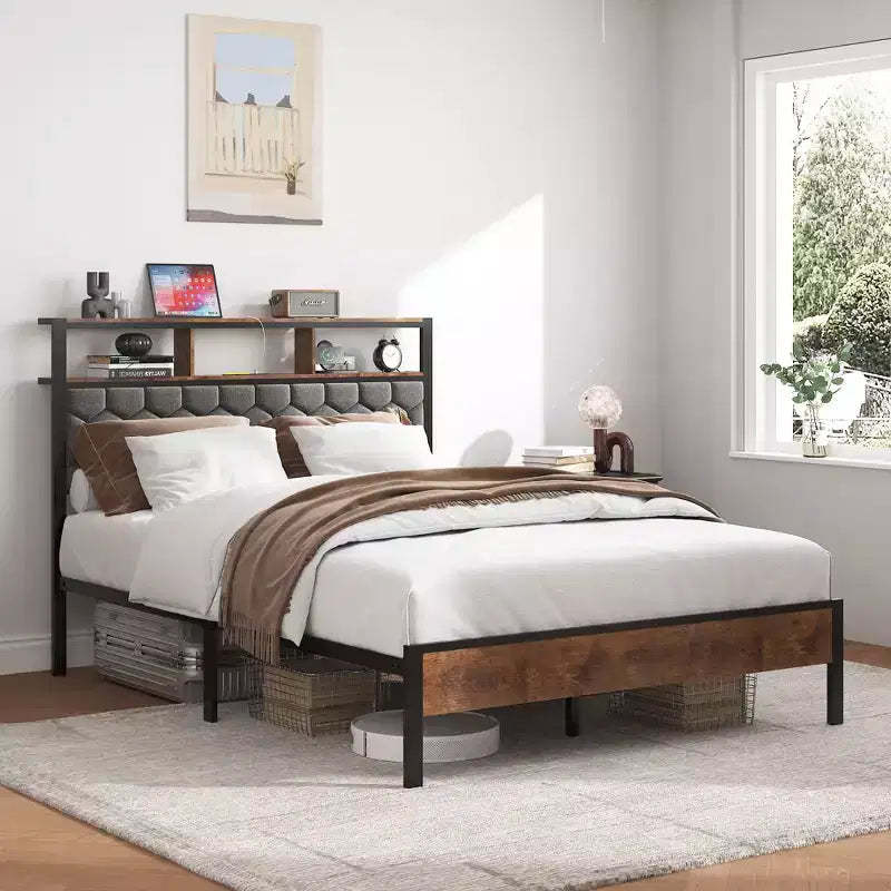 Full/Queen/King Size Wooden Platform Bed Frame with Upholstered Headboard,2 USB Ports, Large Under-Bed Storage,Noise-Free,No Box Spring Needed,Brown