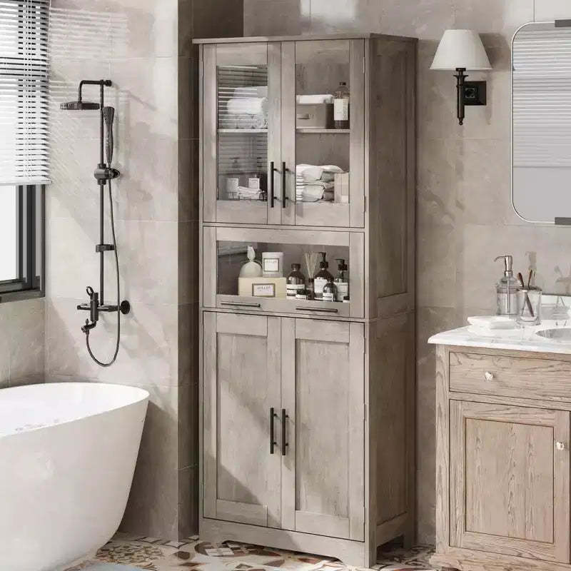GustoWave Tall Bathroom Cabinet, Freestanding Storage Cabinet with Glass Doors and Adjustable Shelves and Drawers, 67 Tall Cabinet for Kitchen