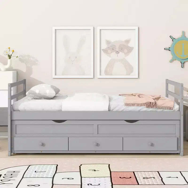 MAYEERTY Twin Size Bed with Headbosrd Trundle and Three Storage Drawers Pine Wood Gray for Bedroom