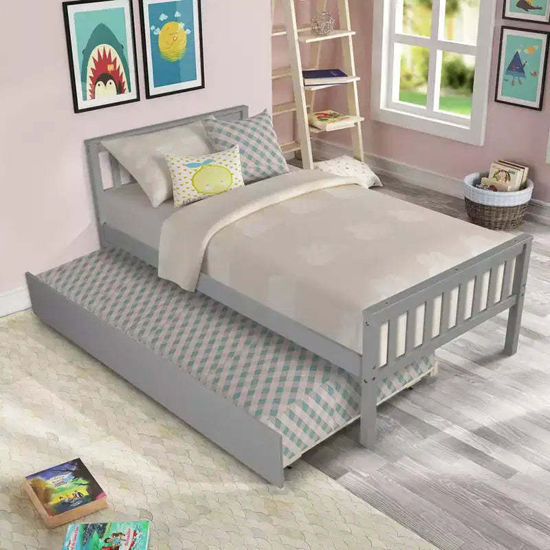 MAYEERTY Twin Platform Bed with Trundle with Headboard Footboard Gray for Bedroom