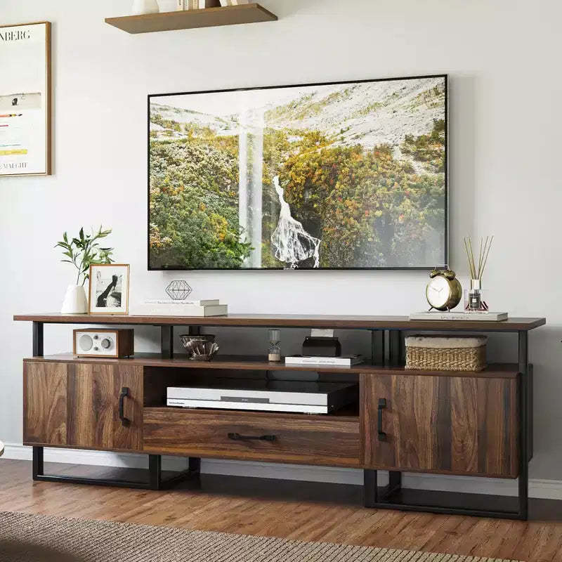 TROPOW Mid Century Modern TV Stand - 75 Inch Entertainment Center with Storage & Drawer, Industrial Console for Living Room, Rustic Brown