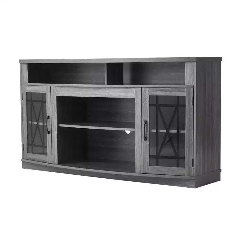 VEVOR TV Stand for TVs up to 65 inch, Farmhouse Entertainment Center with Light Strip, Wooden TV Cabinet Storage with Glass Doors, Gray