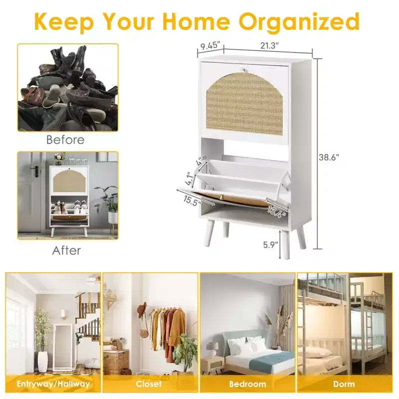 Karl Home 2 Flip Drawers White Particle Board 38.58in. W Shoe Cabinets