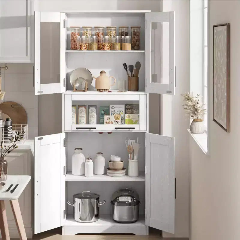 GustoWave Tall Bathroom Storage Cabinet with Glass Doors and Adjustable Shelf, Pantry Cabinet, Freestanding Cupboard Tall Cabinets for Laundry Room