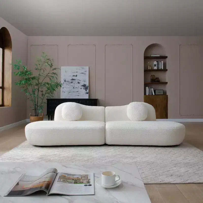 Modern Curved Modular 3-Seater Sofa, Boucle Upholstered Crescent Couch with Butterfly Backrest and 2 Pillows for Living Room or Bedroom