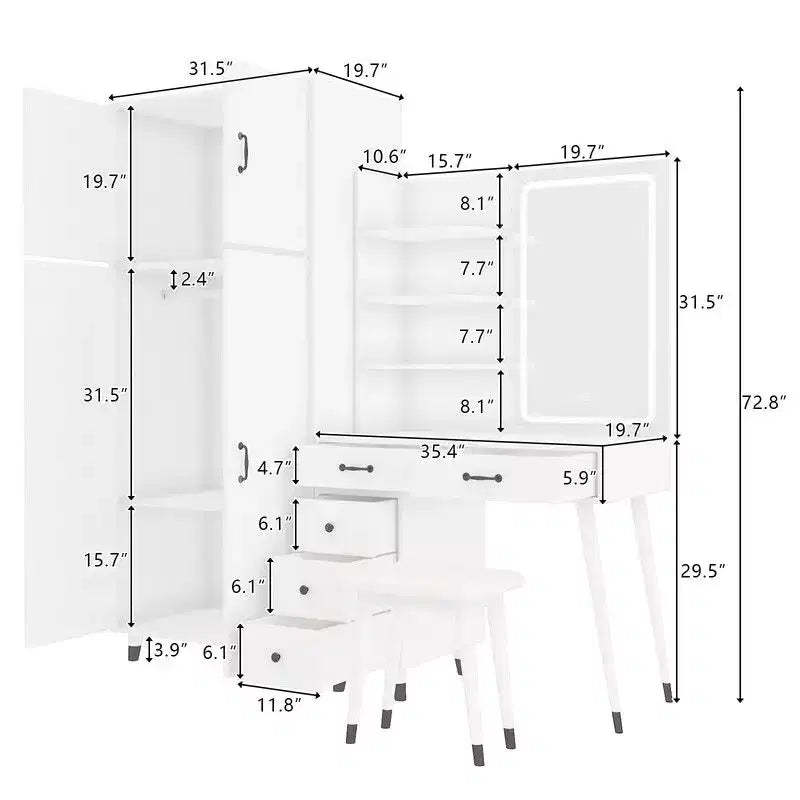 White Linen Particle Board Four-Door Five-Drawer Dresser Set with Interchangeable Left and Right Drawer Compartments