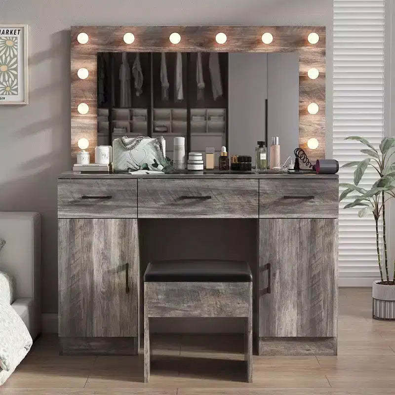 Gray Linen Particleboard with Triamine 3 Drawers, 2 Doors, with 12 Tri-color Dimmable Light Bulbs, Rows of Plugs, Glass-topped Vanity Table Set
