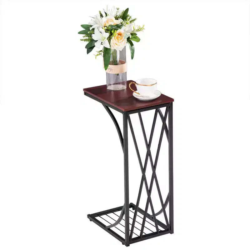Disassembly Single Layer Density Board Iron C-shape Table Cross Line Brown Density Board PVC Black Spraying 30.5*21*54cm Side Table
