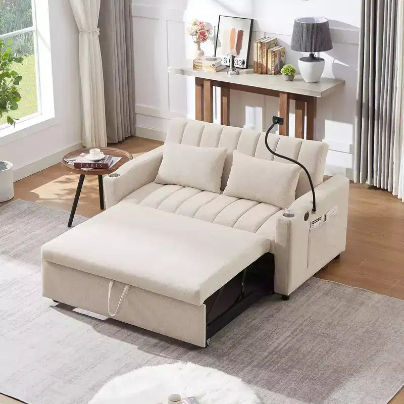 Pull Out Sofa Bed with Adjustable Backrest, 2 Seat Loveseat Chaise Lounge with USB Ports and Cup Holders