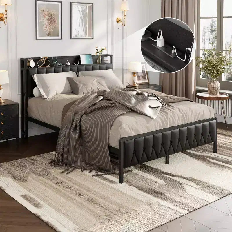 COZONY PU Faux Leather Platform Bed with Button Headboard  Metal Frame with Charging Station, Storage & No Box Spring Needed