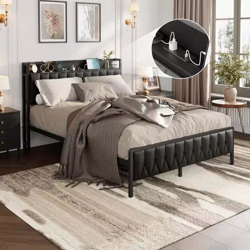 COZONY PU Faux Leather Platform Bed with Button Headboard  Metal Frame with Charging Station, Storage & No Box Spring Needed