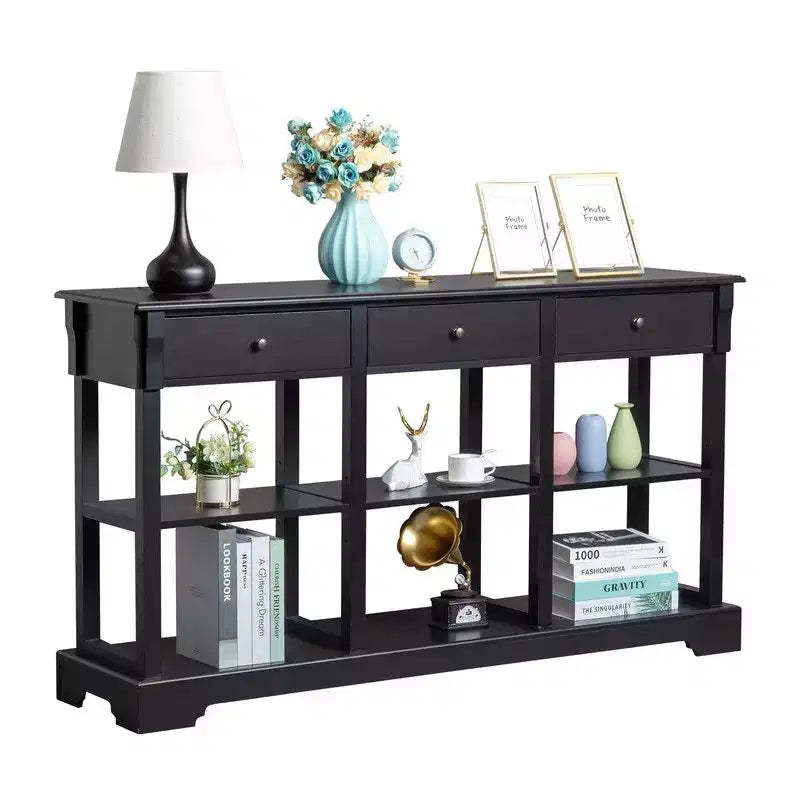 Black Paint 3 Layers 3 Drawers 6 Compartments Side with Curved Base Density Board 147.3*36*82cm Entrance Table